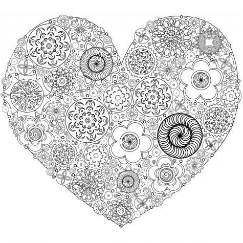 Heart shape pattern for coloring book.  Floral imitation of retro doodle hand drawing. Black and white background of  zentangle. Coloring book page for adult.