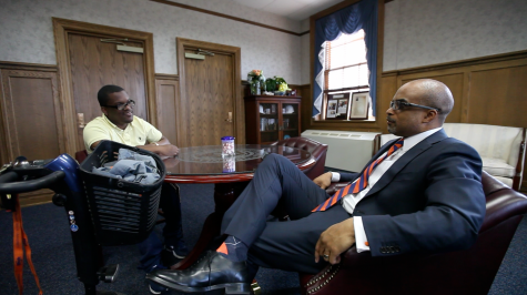 VSU student Keith Granderson talks with President Abdullah