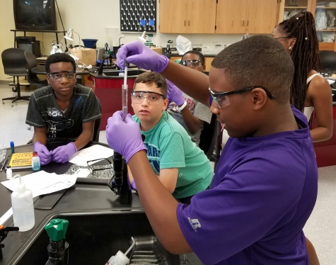 Student are testing for ammonia nitrogen levels in their James River water. Left to right: Dewayne, Alex, and Elijah 